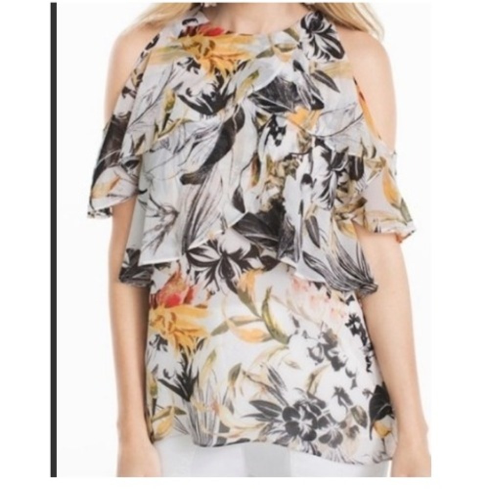 White House Black Market‎ Women's Cold Shoulder Floral Ruffled Blouse MD